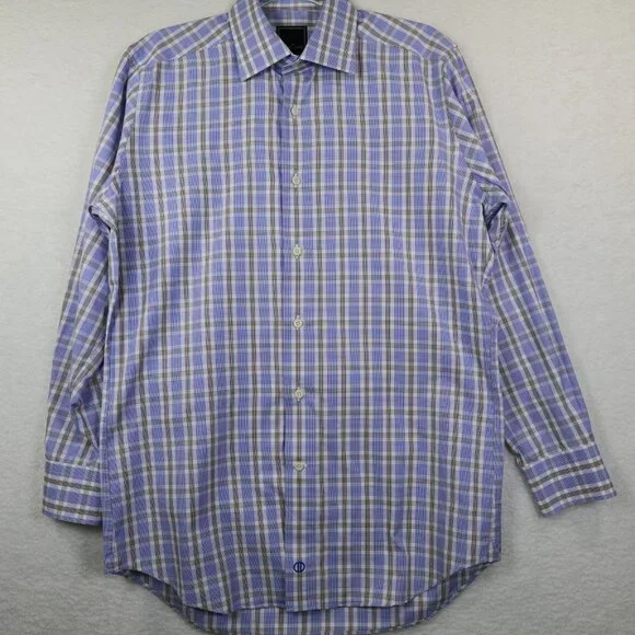 ♥️ 2+, David Donahue Men's 100% Cotton Blue Brown Check Dress Shirt 16 32/33 - Picture 2 of 7